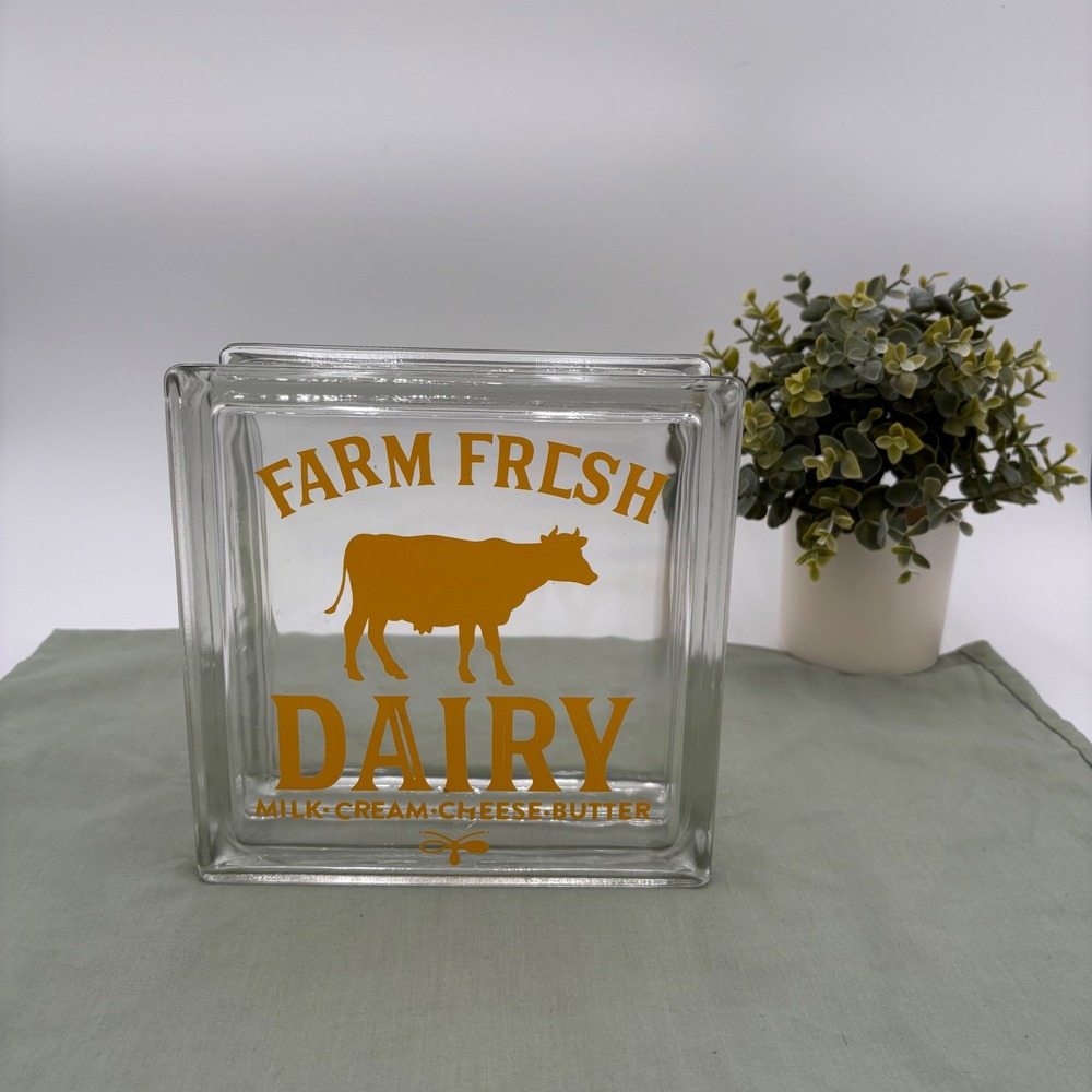 Farm Fresh Dairy Glass Block Cow Decor Farmhouse Yellow Graphic 7.5 Inch